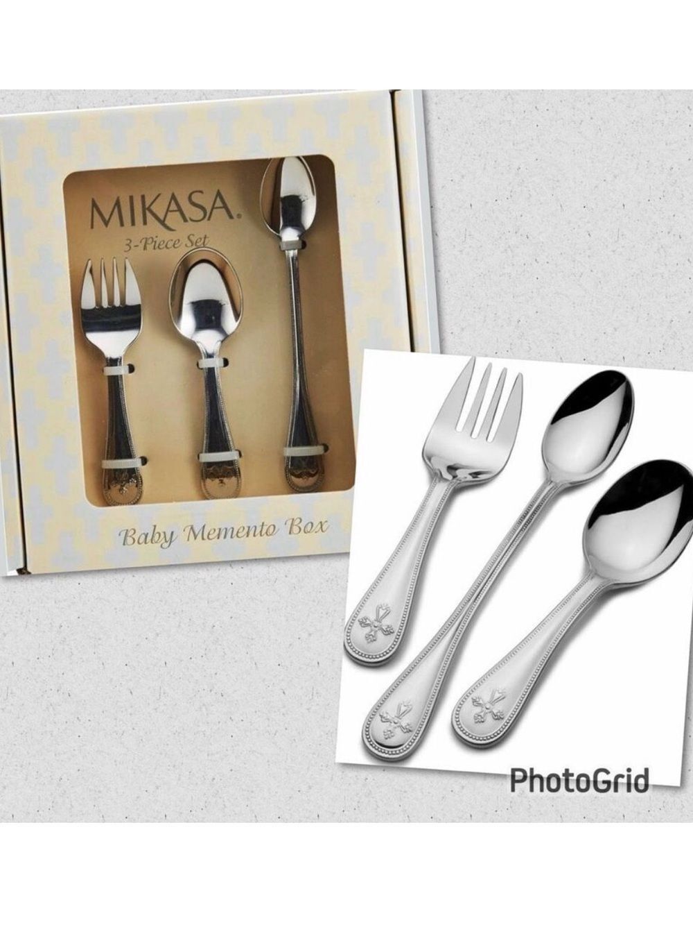 NWT Mikasa 3 Pc set baby Memento Box cross & beaded design Silver flatware set